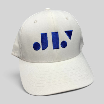 Raree Finds white Flexfit NU snapback hat with a royal blue geometric logo embroidered on the front structured crown.