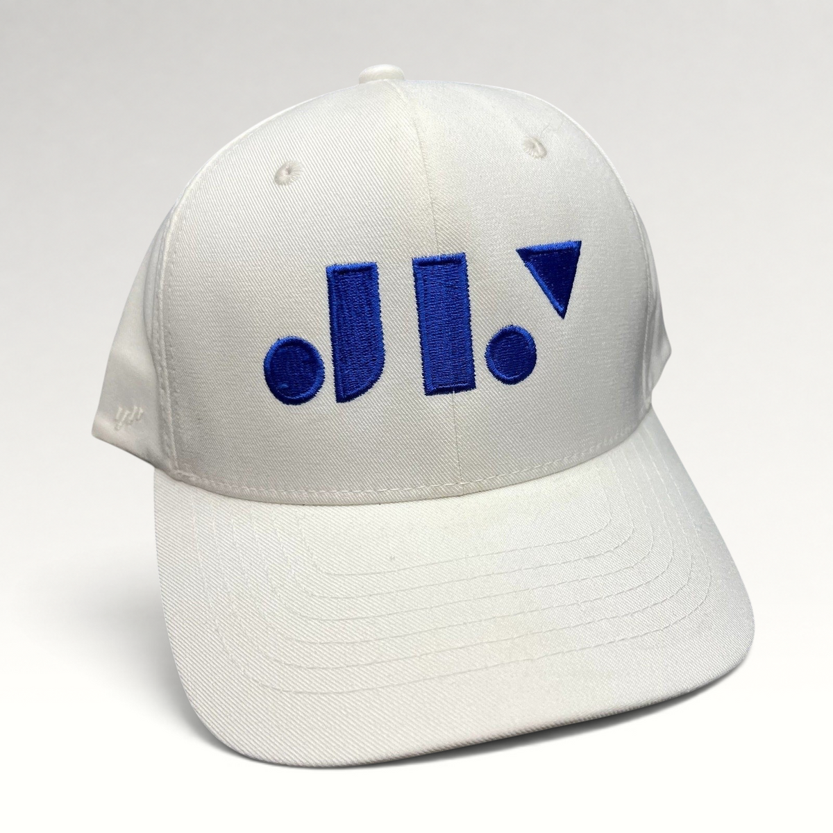 Raree Finds white Flexfit NU snapback hat with a royal blue geometric logo embroidered on the front structured crown.