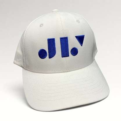 Raree Finds white Flexfit NU snapback hat with a royal blue geometric logo embroidered on the front structured crown.