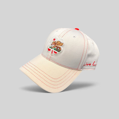 Raree Finds white Black Clover California Republic hat with red stitching and bear clover embroidery