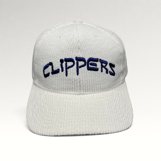 Raree Finds white corduroy Los Angeles Clippers strapback hat with royal blue embroidered wordmark