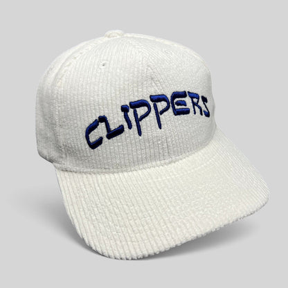 Raree Finds white corduroy Los Angeles Clippers strapback hat with royal blue embroidered wordmark on the front