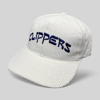 Raree Finds white corduroy Los Angeles Clippers strapback hat with royal blue embroidered wordmark on the front