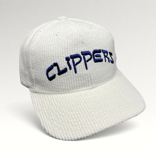 Raree Finds white corduroy Los Angeles Clippers strapback hat with royal blue embroidered wordmark