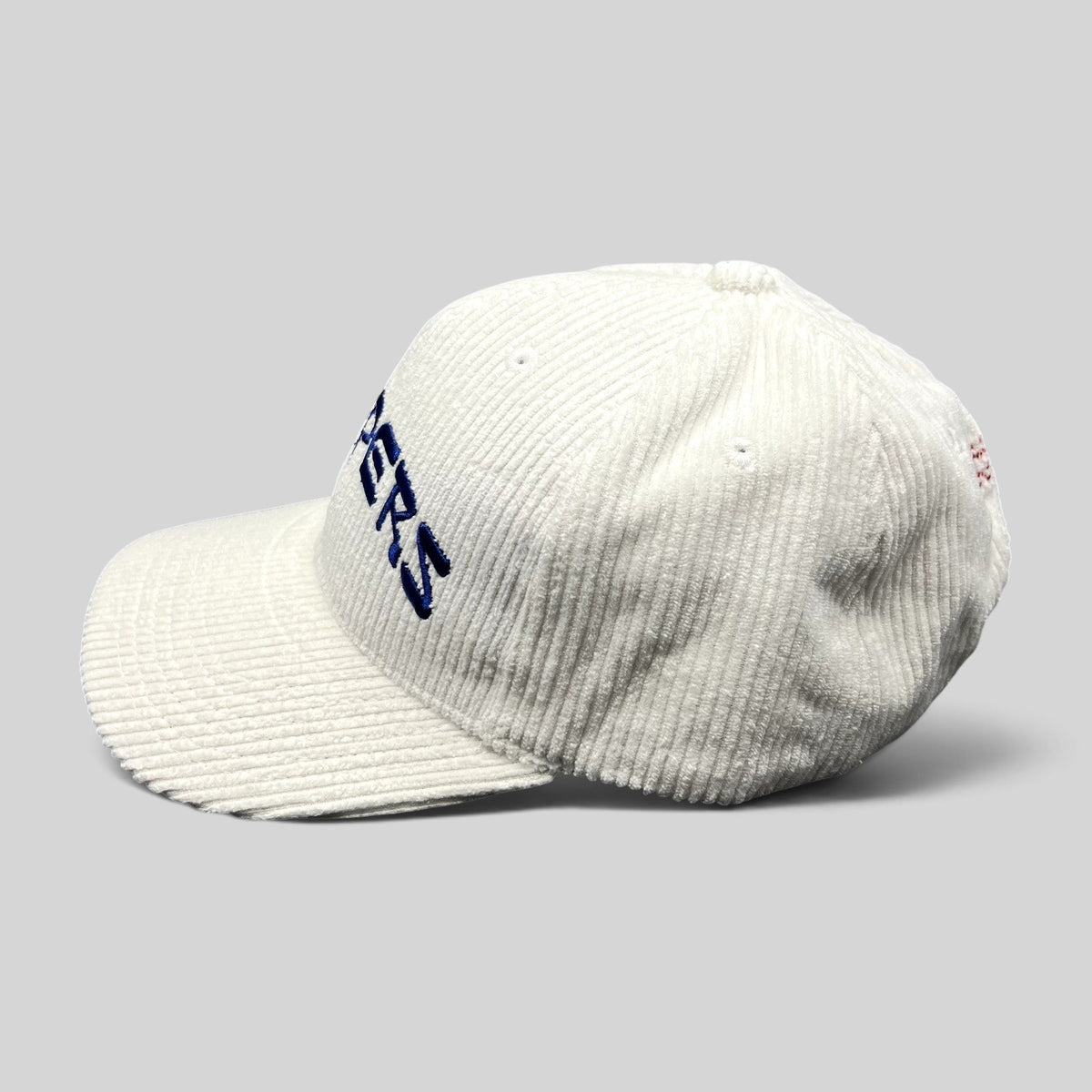 Raree Finds white corduroy Los Angeles Clippers strapback hat with royal blue embroidered wordmark, side profile view