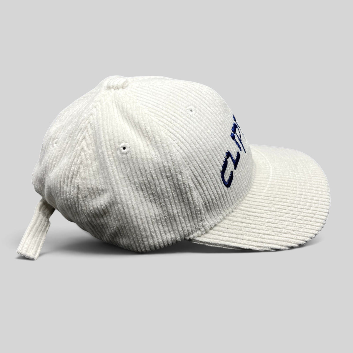 Raree Finds white corduroy Los Angeles Clippers strapback hat with royal blue embroidered wordmark, side view