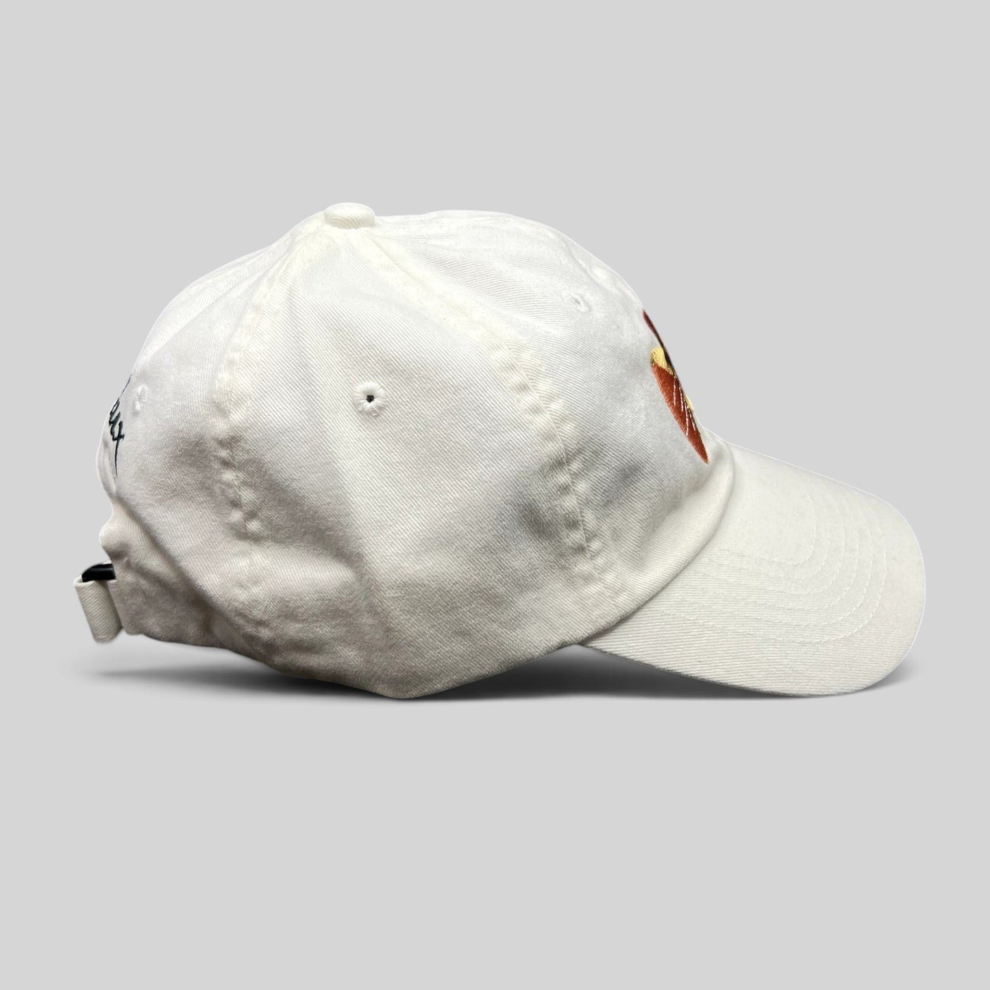 Raree Finds white cotton youth strapback hat featuring The Tale of Despereaux embroidered mouse character graphic.