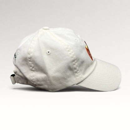 Raree Finds white cotton youth strapback hat featuring The Tale of Despereaux embroidered mouse character graphic.