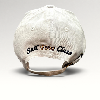 Raree Finds white cotton strapback cap with Sail First Class embroidery on the back and brass buckle closure