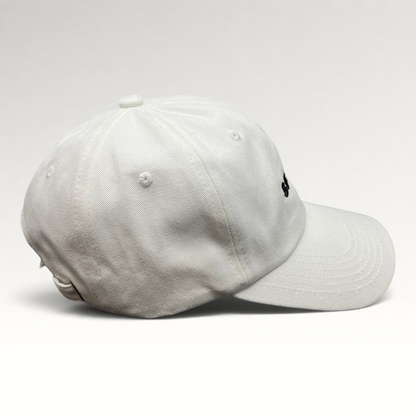 Raree Finds white cotton dad cap with embroidered sex.com logo and adjustable brass strapback closure