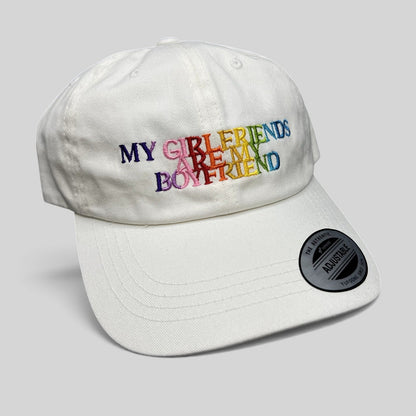 Raree Finds white cotton strapback hat with multicolor embroidered My Girlfriends Are My Boyfriend text and Yupoong tag
