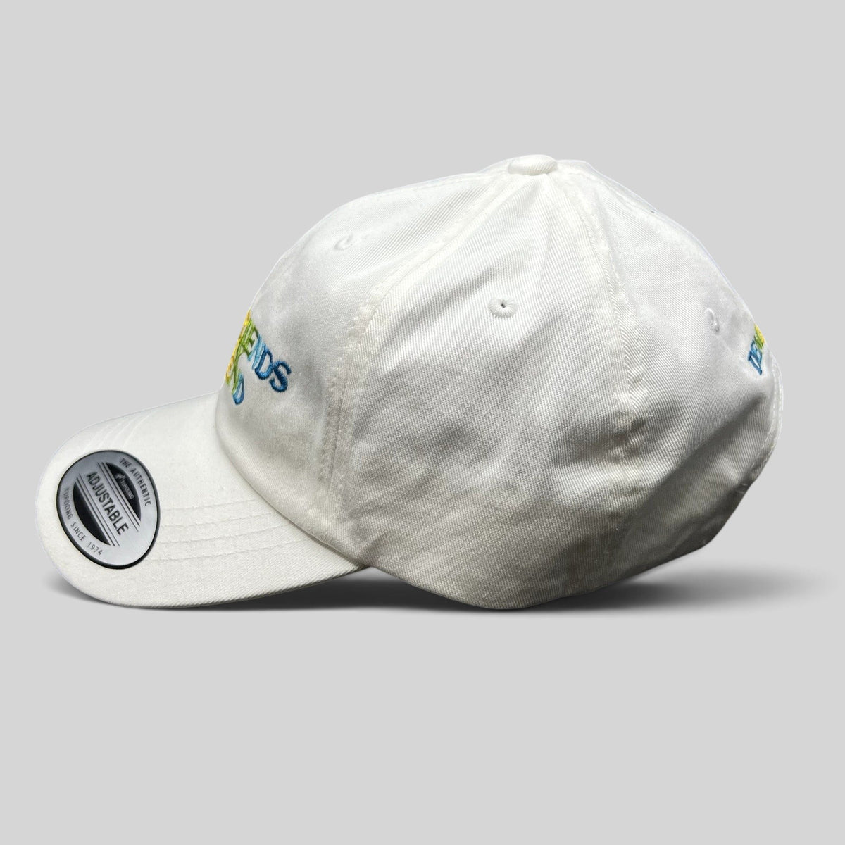 Raree Finds white cotton strapback hat with multicolor My Girlfriends Are My Boyfriend embroidery and curved brim