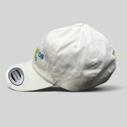 Raree Finds white cotton strapback hat with multicolor My Girlfriends Are My Boyfriend embroidery and curved brim