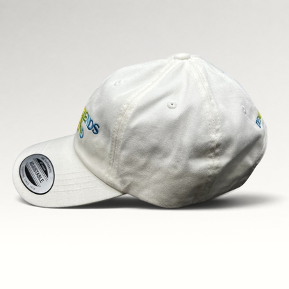 Raree Finds white cotton strapback hat with multicolor My Girlfriends Are My Boyfriend embroidery and curved brim