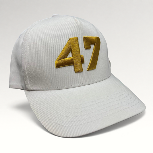 Raree Finds white cotton twill snapback hat with bold gold embroidered 47 on the front and a flat brim