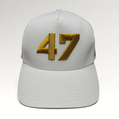 Raree Finds white cotton twill snapback hat featuring bold gold embroidered 47 on the front with a flat brim