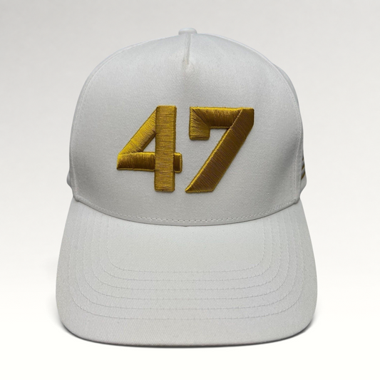Raree Finds white cotton twill snapback hat featuring bold gold embroidered 47 on the front with a flat brim