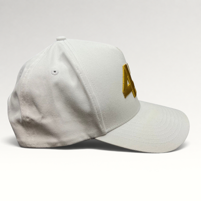 Raree Finds white cotton snapback hat with bold gold 47 embroidery and a structured flat brim profile