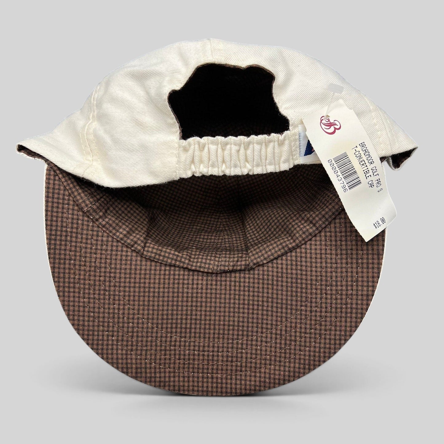 Raree Finds white cotton strapback golf hat with brown micro-check brim lining and elastic back, new with tags.