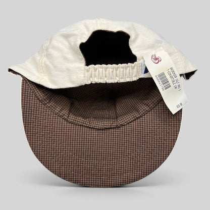Raree Finds white cotton strapback golf hat with brown micro-check brim lining and elastic back, new with tags.