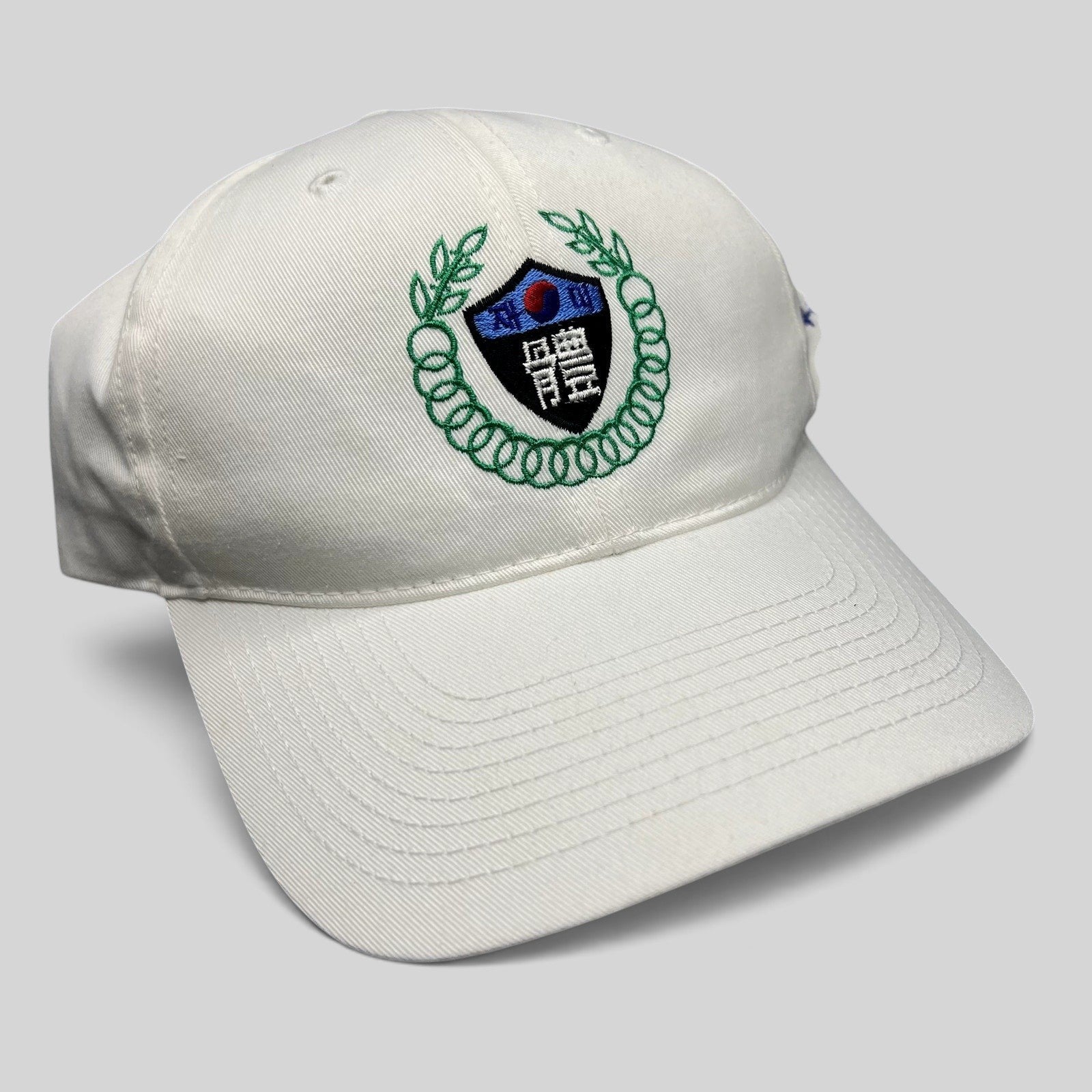 Raree Finds white strapback hat with 18th Korean American Sports Festival embroidered crest and Korean text