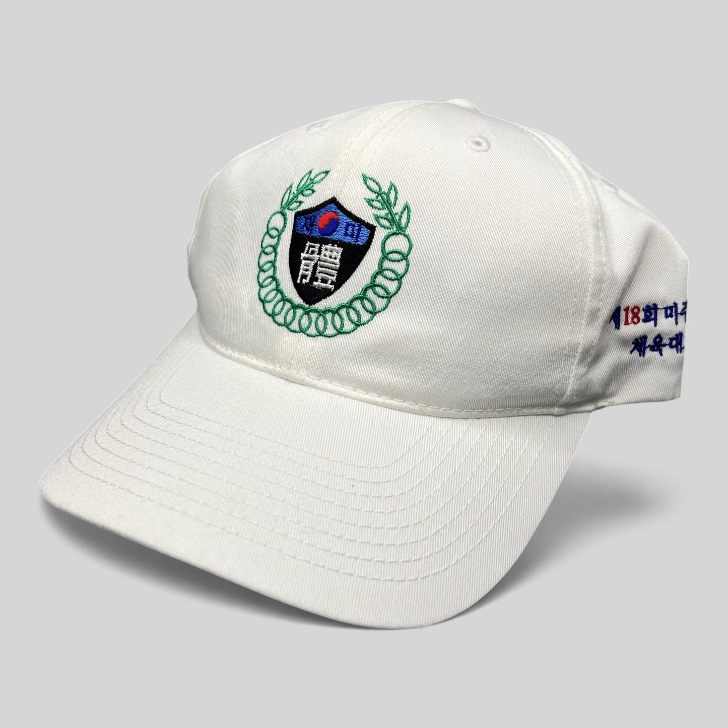 Raree Finds white 18th Korean American Sports Festival strapback hat with embroidered crest and Korean text
