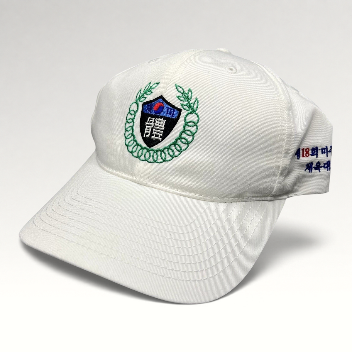 Raree Finds white 18th Korean American Sports Festival strapback hat with embroidered crest and Korean text