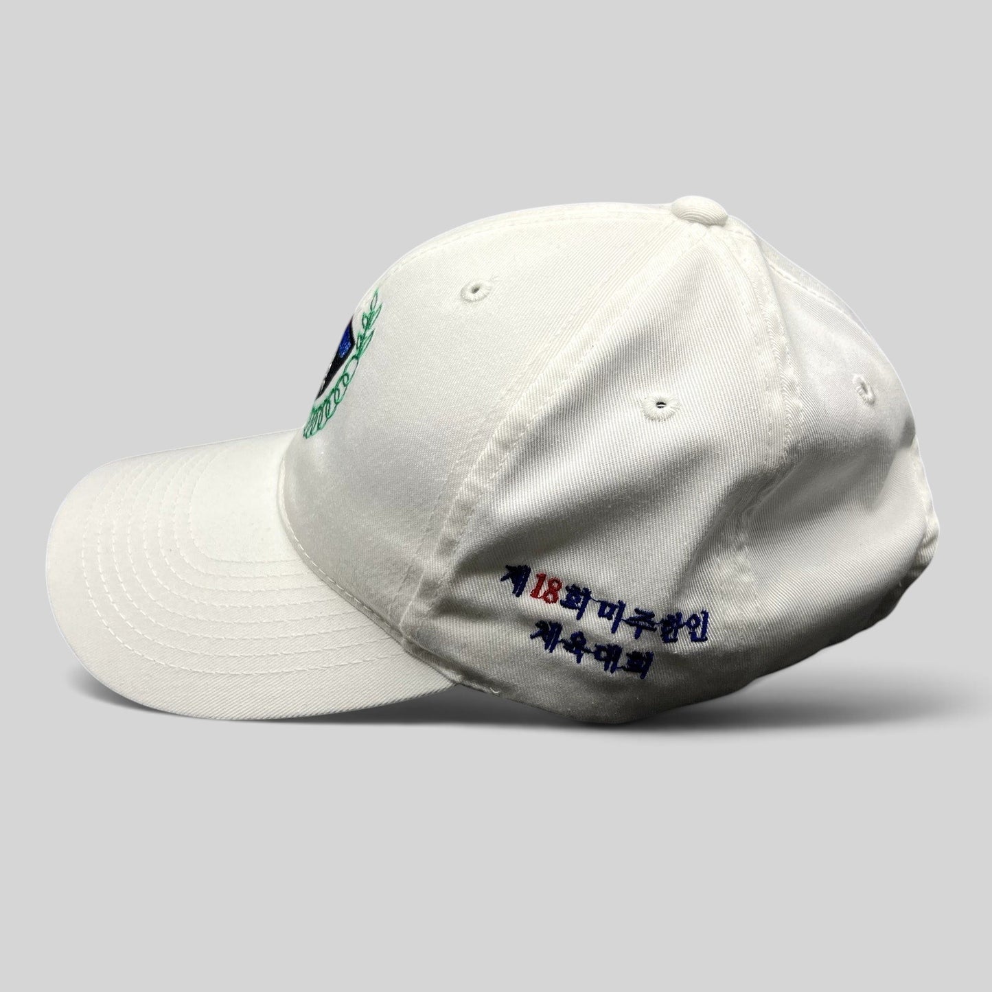 Raree Finds white 18th Korean American Sports Festival strapback hat with side Korean embroidery and front crest