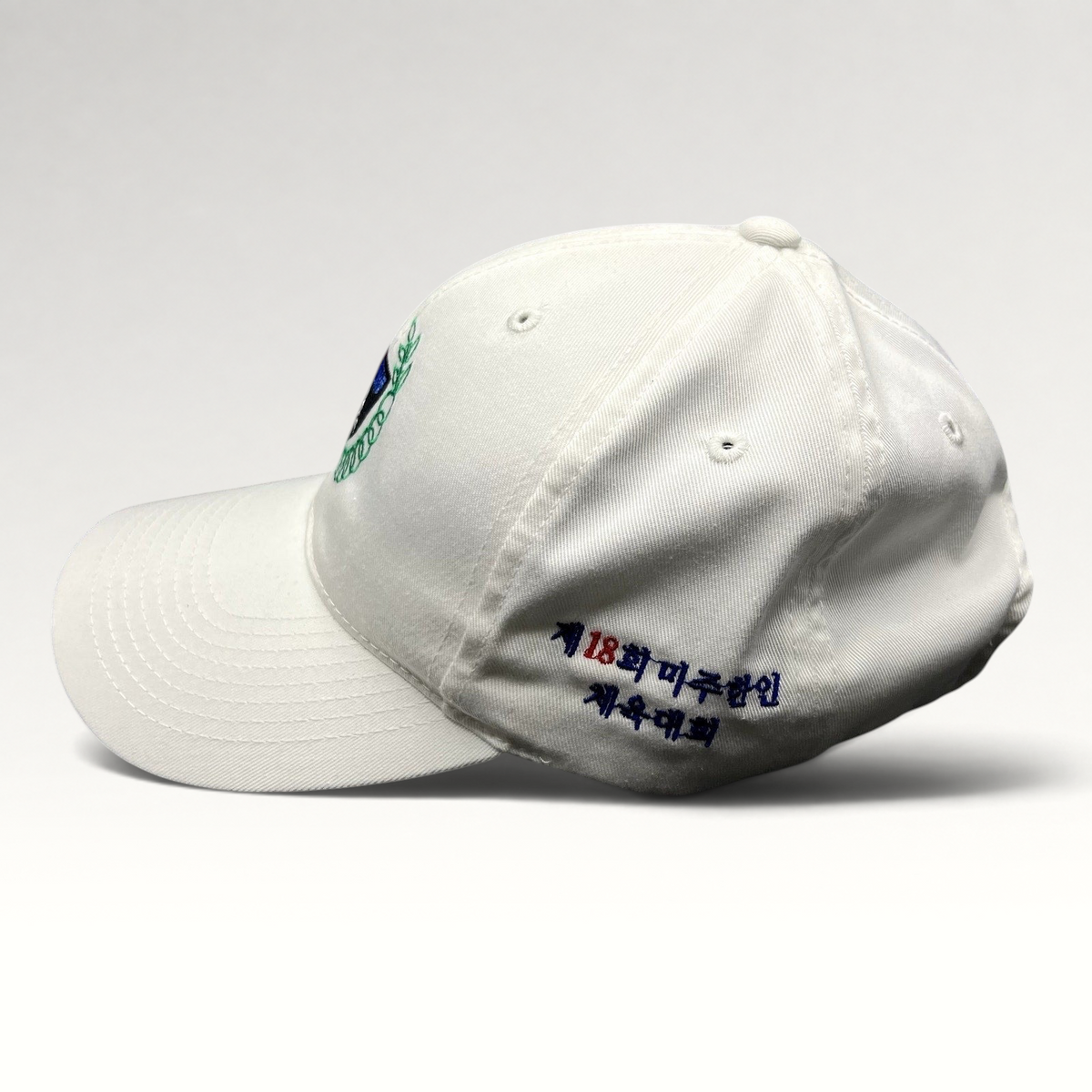 Raree Finds white 18th Korean American Sports Festival strapback hat with side Korean embroidery and front crest