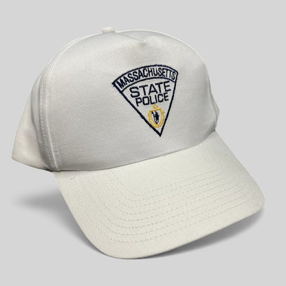 Raree Finds vintage white Massachusetts State Police snapback hat with embroidered triangular crest logo.