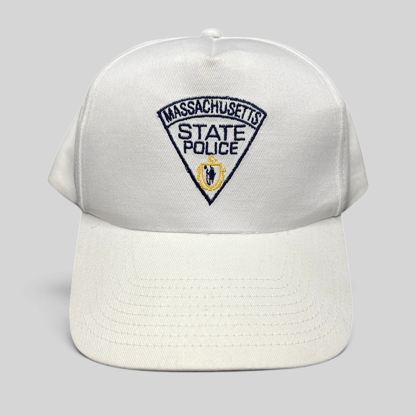 Raree Finds vintage white Massachusetts State Police snapback hat with embroidered triangular crest logo