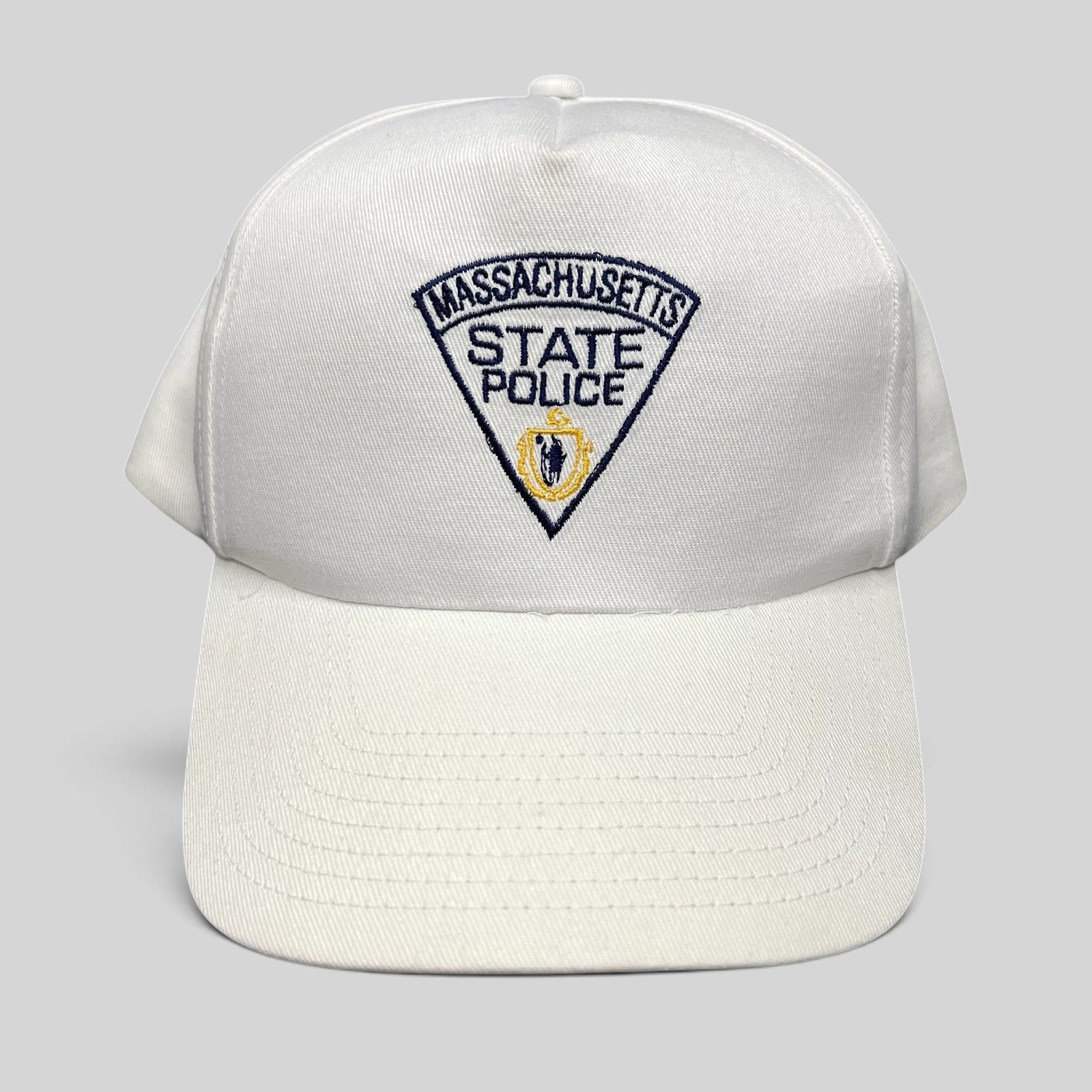 Raree Finds vintage white Massachusetts State Police snapback hat with embroidered triangular crest logo