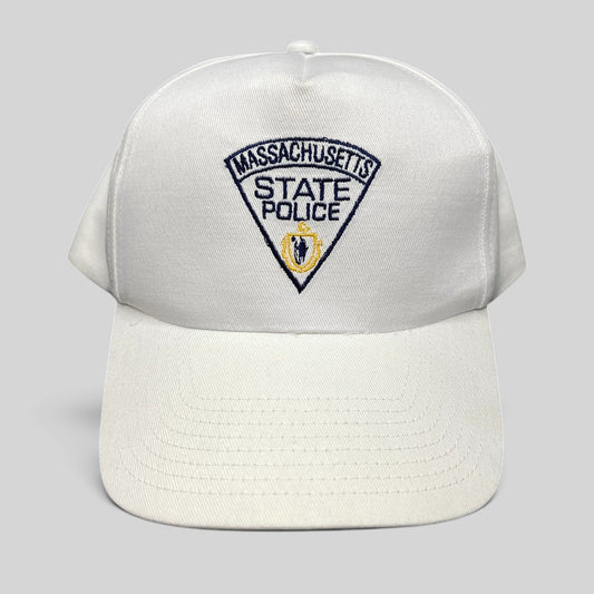 Raree Finds vintage white Massachusetts State Police snapback hat with embroidered triangular crest logo