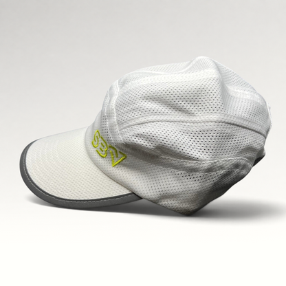 Raree Finds white performance 5-panel running cap with breathable mesh, reflective brim, and lime green SBV logo.