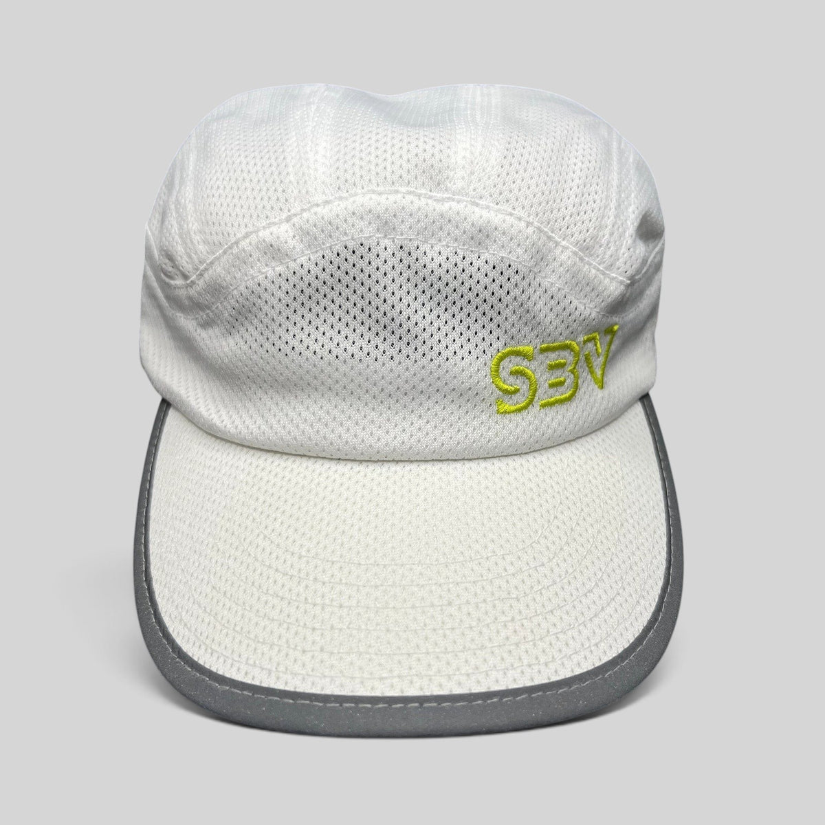 Raree Finds white 5-panel performance running cap with breathable mesh, reflective brim, and lime green SBV logo.