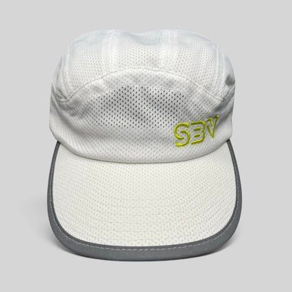 Raree Finds white 5-panel performance running cap with breathable mesh, reflective brim, and lime green SBV logo.