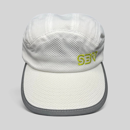 Raree Finds white 5-panel performance running cap with breathable mesh, reflective brim, and lime green SBV logo.