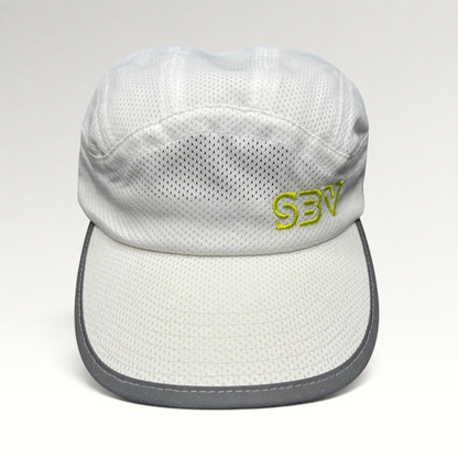 Raree Finds white 5-panel performance running hat with breathable mesh, reflective brim, and lime green SBV logo.