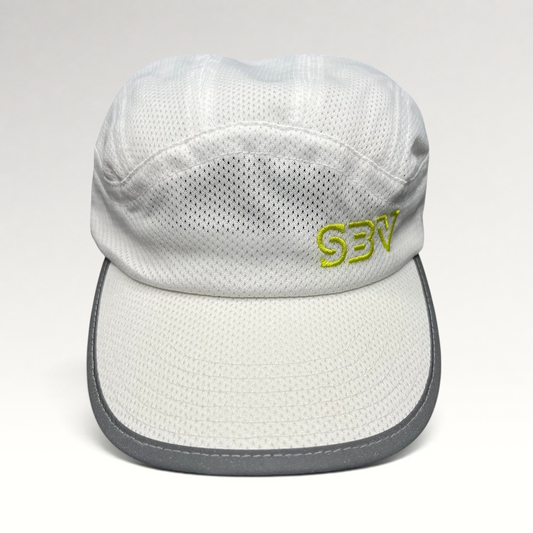 Raree Finds white 5-panel performance running hat with breathable mesh, reflective brim, and lime green SBV logo.