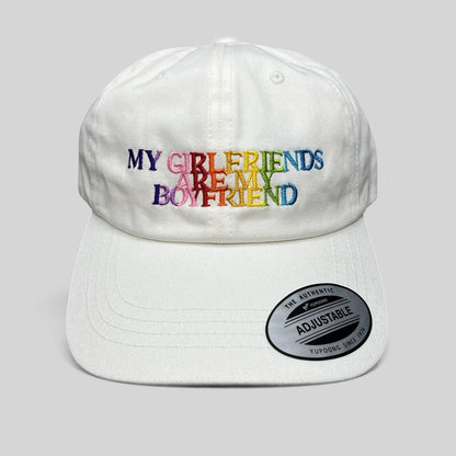 Raree Finds white cotton strapback hat with multicolor My Girlfriends Are My Boyfriend embroidery and Yupoong sticker