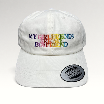 Raree Finds white cotton strapback hat with multicolor My Girlfriends Are My Boyfriend embroidery and Yupoong sticker