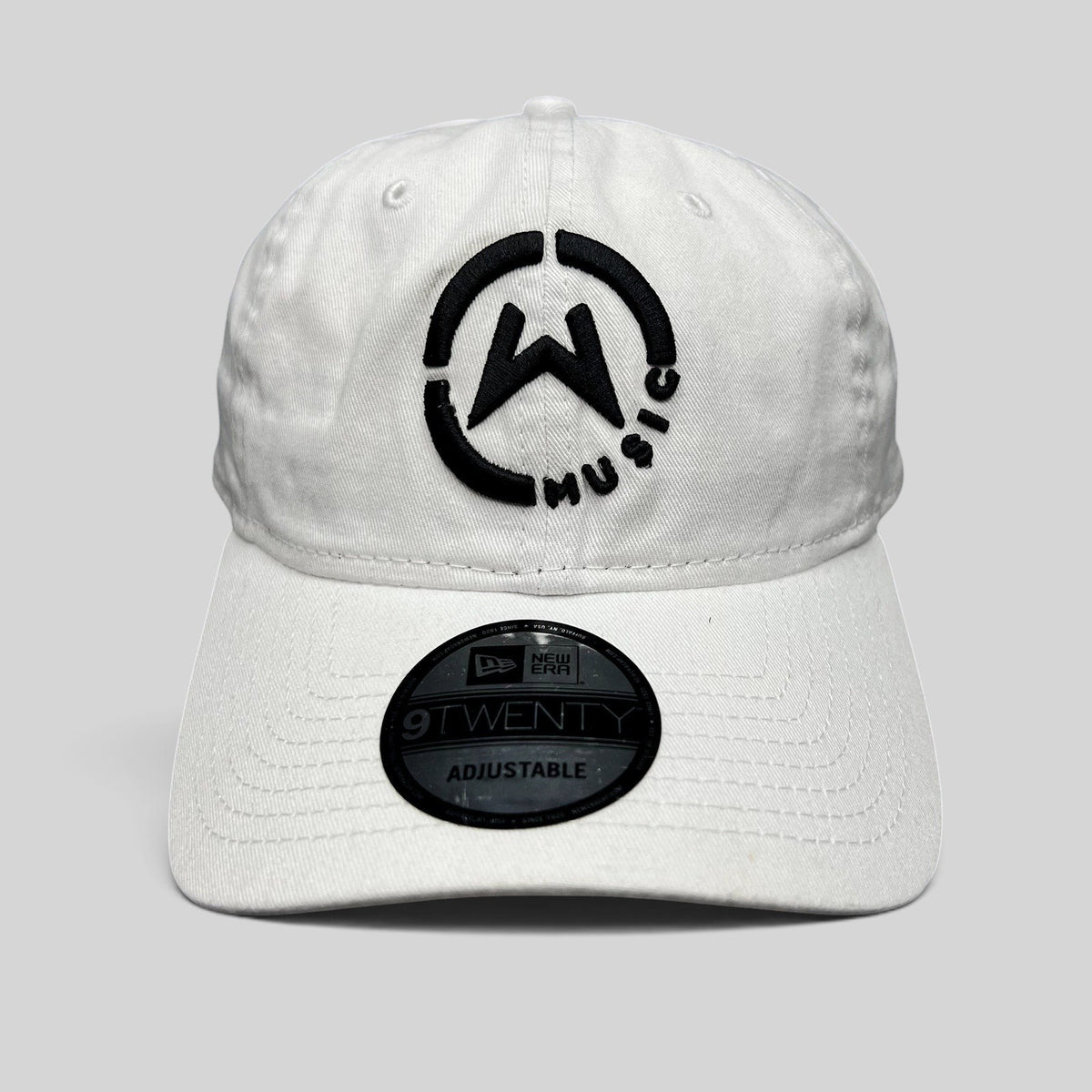 Raree Finds white New Era 9TWENTY dad hat with black embroidered circular Music logo and curved brim