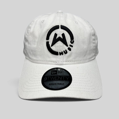 Raree Finds white New Era 9TWENTY dad hat with black embroidered circular Music logo and curved brim