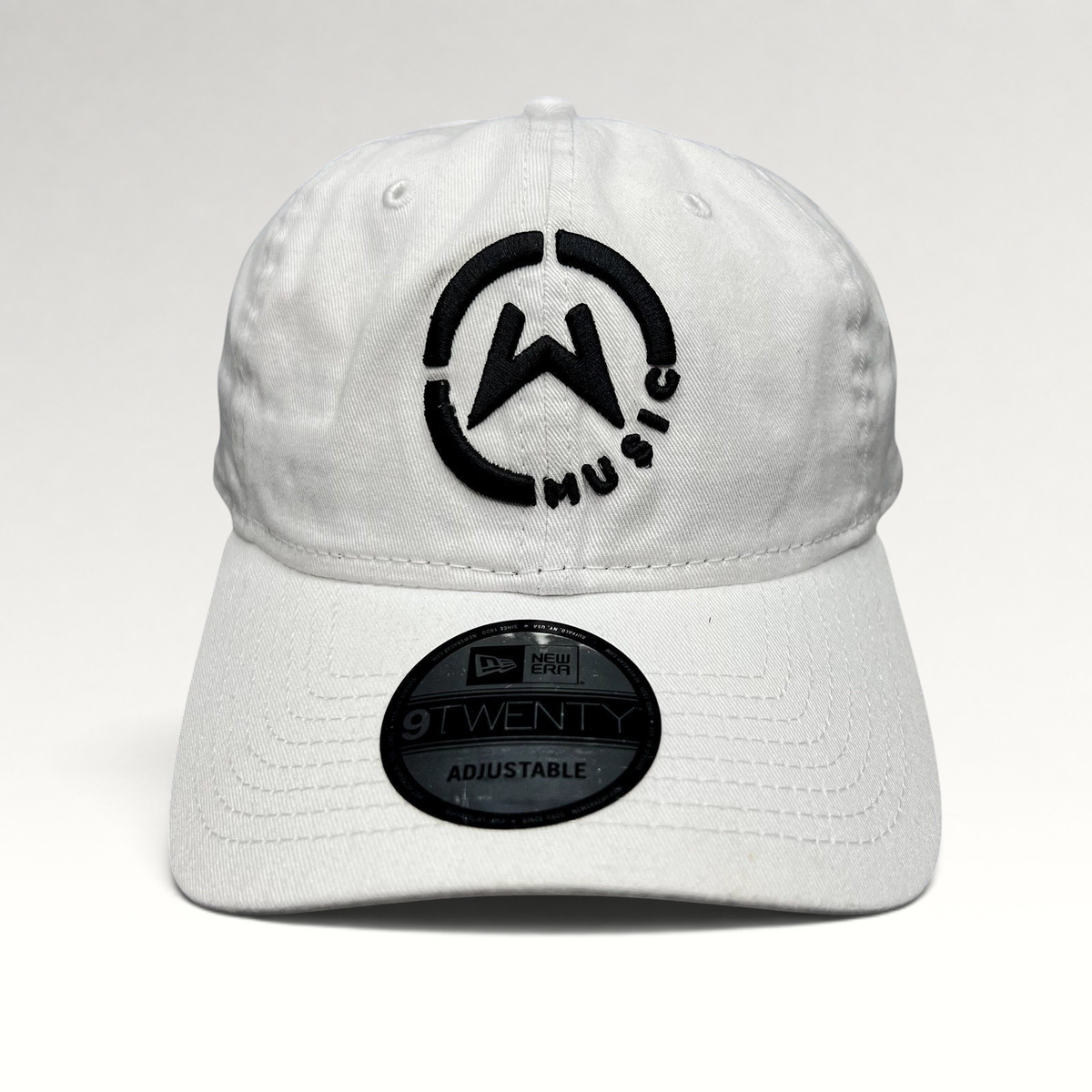 Raree Finds white New Era 9TWENTY dad hat with black embroidered circular Music logo and curved brim