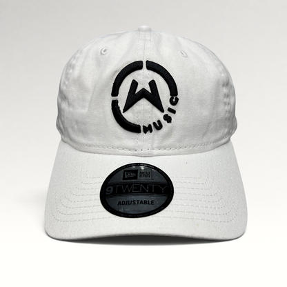 Raree Finds white New Era 9TWENTY dad hat with black embroidered circular Music logo and curved brim