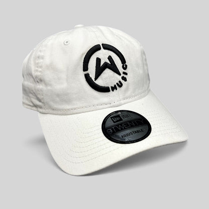 Raree Finds white New Era 9TWENTY dad hat with black circular Music logo embroidery and adjustable strapback closure.