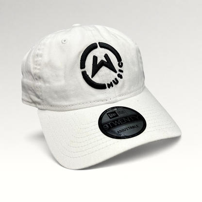 Raree Finds white New Era 9TWENTY dad hat with black circular Music logo embroidery and adjustable strapback closure.
