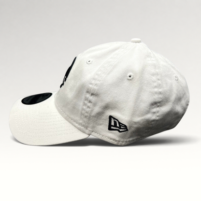 Raree Finds white New Era 9TWENTY dad cap with black embroidered Music logo and side flag on cotton fabric