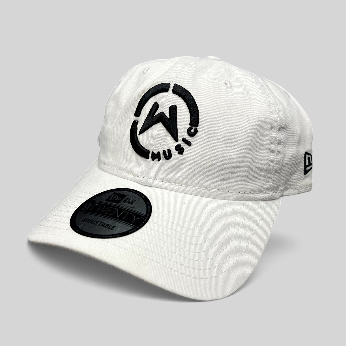 Raree Finds white New Era 9TWENTY dad hat with black embroidered circular Music logo and curved brim