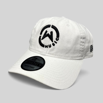 Raree Finds white New Era 9TWENTY dad hat with black embroidered circular Music logo and curved brim